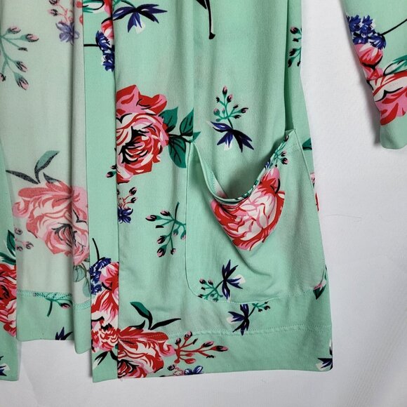 Tickled Teal Floral Cardigan Women's Large Green Pink Long Lines Pockets Boho - Picture 5 of 9